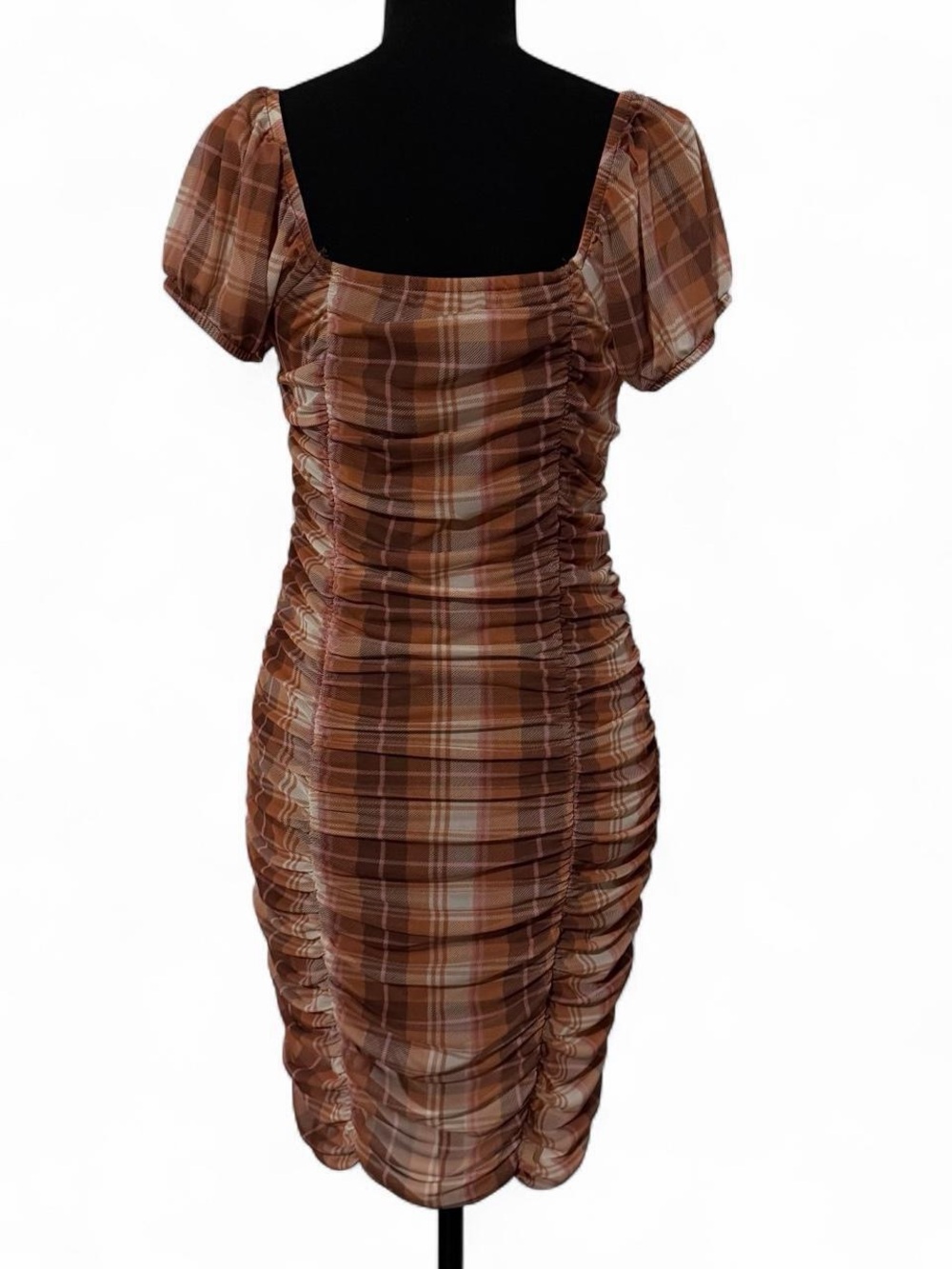 Plaid Ruched Cutout Mini Dress in Brown Tones - Picture 3 of 4